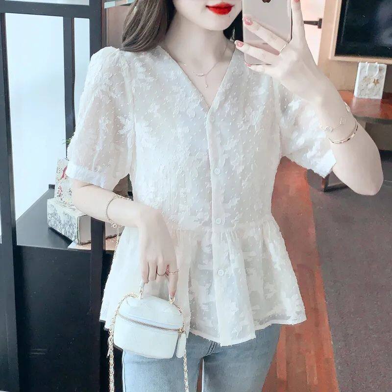 Waist Cover Belly V-neck Chiffon Shirt Women's Summer Dress 2023 New Style Small Shirt Short-sleeved Top