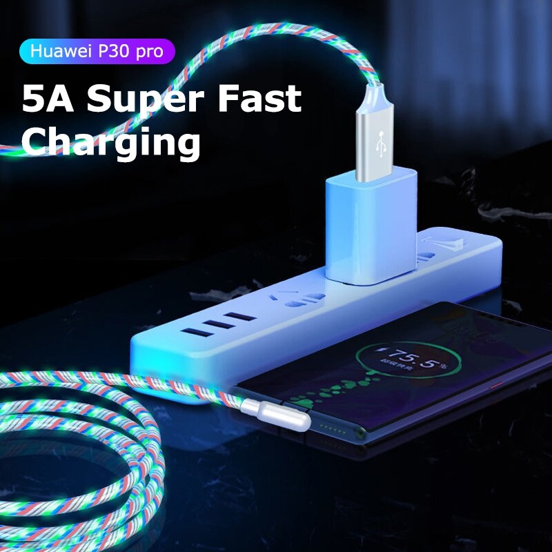 1m/2m 5A Fast Charging Cable For iPhone 13 12 Pro Micro USB Type C Flow Luminous Lighting LED Kable Data Cord For Samsung Huawei  04