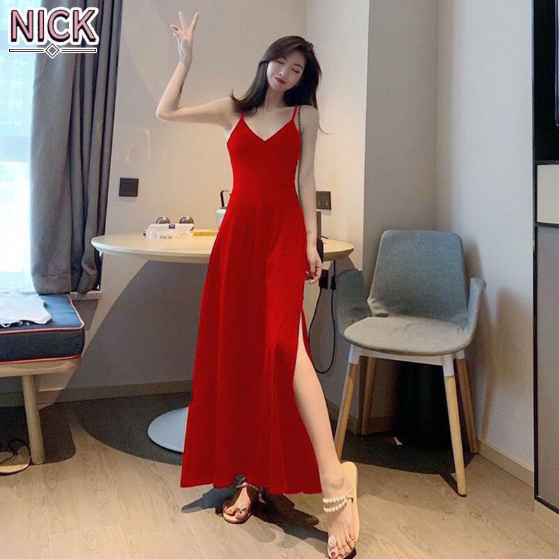 NICK dress for women, Korean temperament sexy split V-neck suspender skirt solid color slim long halter dress women