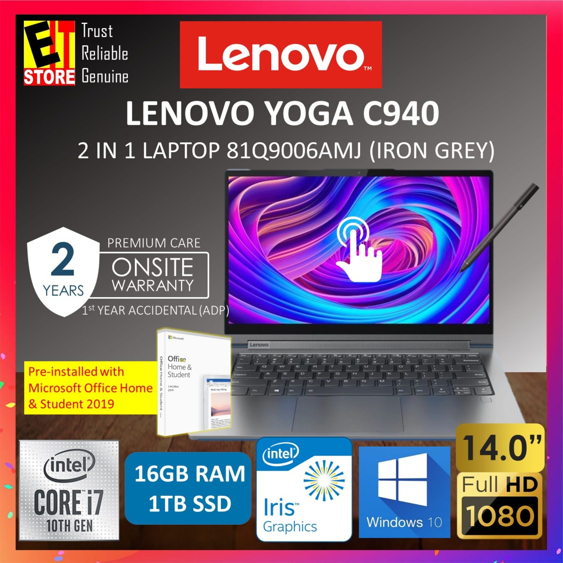 LENOVO YOGA C940-14IIL 81Q9006AMJ LAPTOP -IRON GREY (I7-1065G7/16GB/1TB SSD/14 FHD TOUCH/INTEL/W10/2YRS WITH ADP) Malaysia