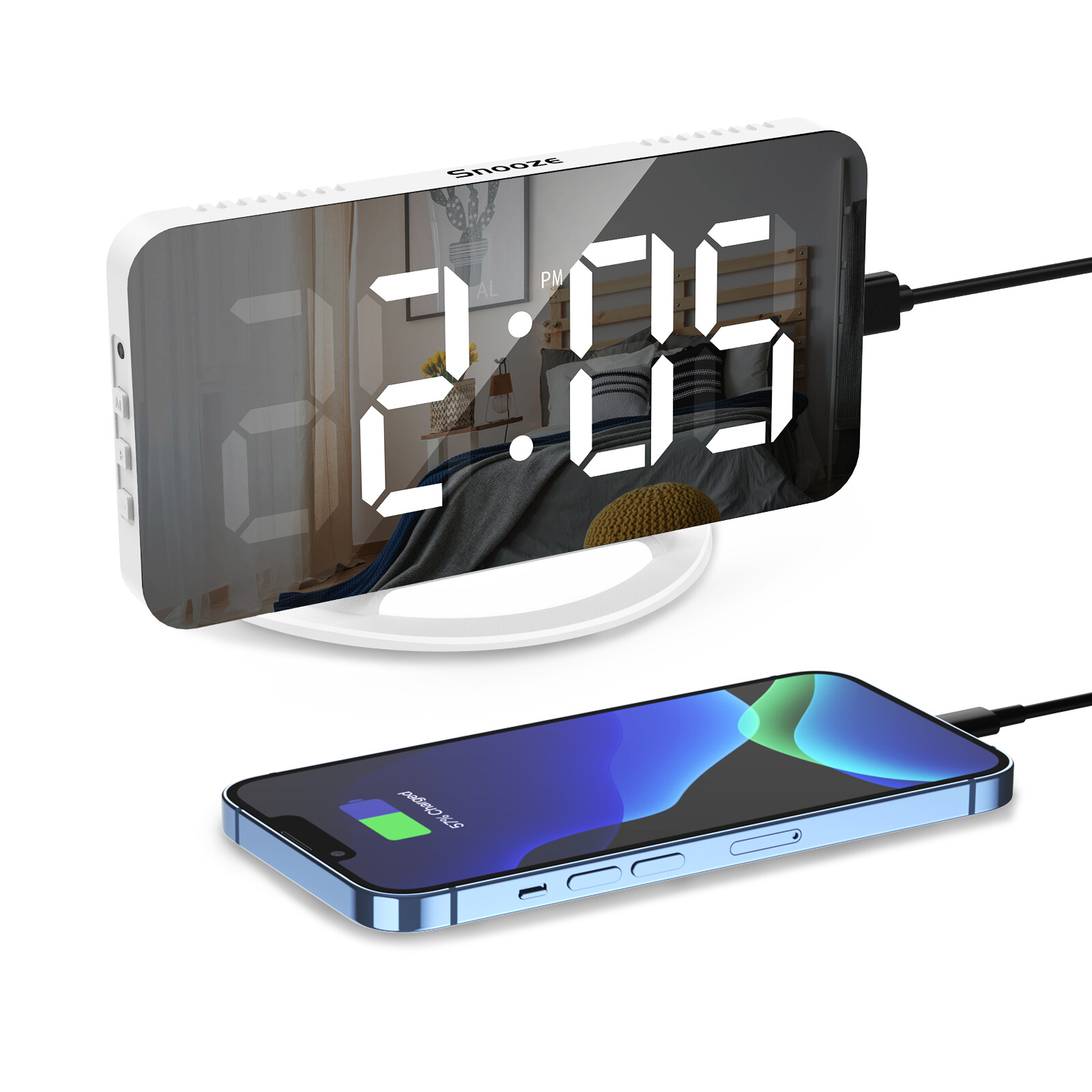Digital alarm clock, mirror electronic clock, 6,7 inch full LED alarm clock, 2 charging ports, auto brightness adjustment
