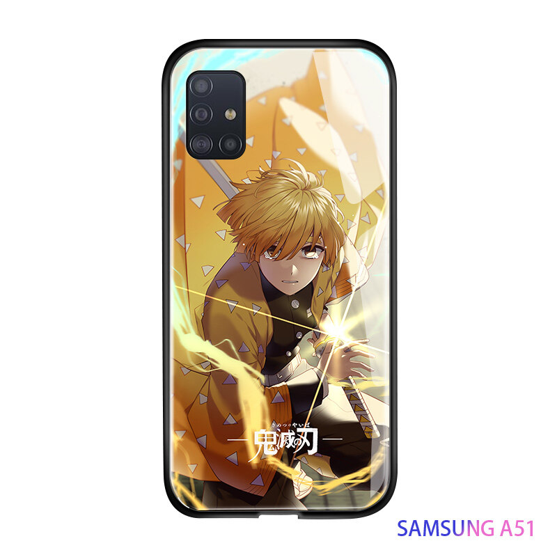 UCUC For Galaxy Samsung A51 Glass Phone Case Shockproof Anime Demon Slayer Phone Case Kimetsu no Yaiba Glossy Tempered Glass Casing Cover