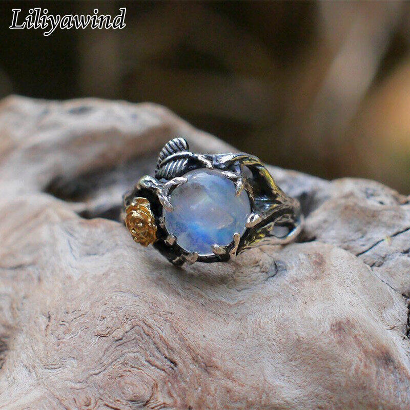 Liliya Golden Thai Silver Rose Flower Leaf Vine Synthetic Moonstone Ring for Women A1R