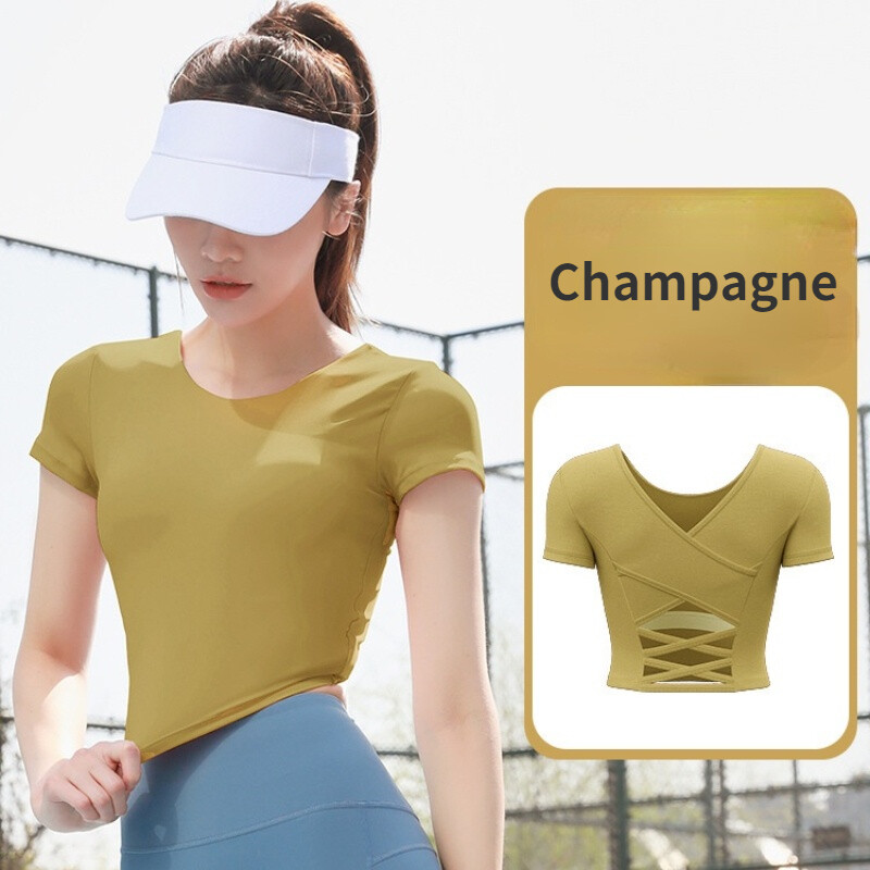 SUPERFLOWER Smukke Back Cross Yoga Slim Sports Overdele med BH-puder Elastisk Hurtigtørrende Fiess Kortærmede T-shirt_voghion.com