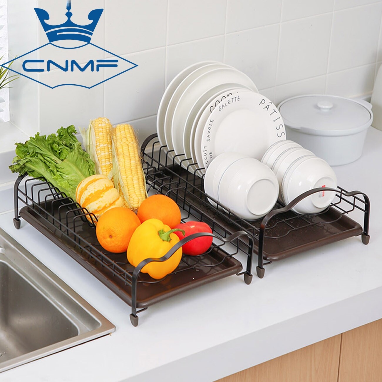CNMF Iron Drain Rack Double-layer Dish Holder with Drain Tray Sink Tableware Storage Rack
