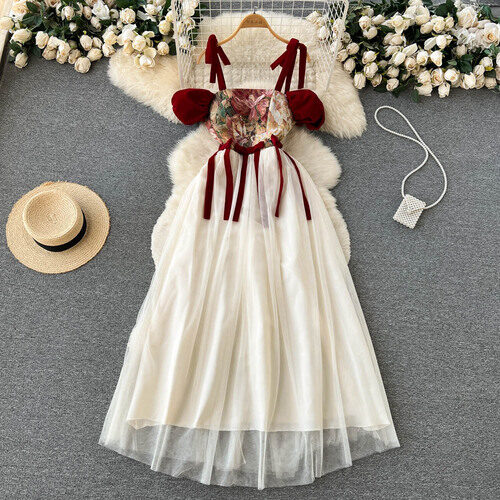 Gorgeous and Elegant French Retro Niche Design Embroidered Suspender Dress Women's Decoration Body Mesh Midi Skirt Summer New Style