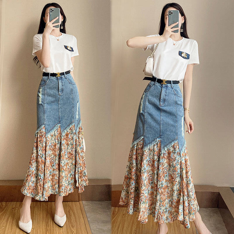 Sweet suit skirt high-quality royal sister two-piece complete set with 2022  new summer T-shirt denim suit women