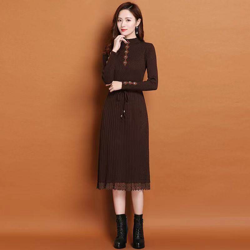 Ladies Dress Lace Hem Ladies Autumn/Winter Sweater Knit Dress Rib Slim Stretch Ladies Mid-length Dress 3XL