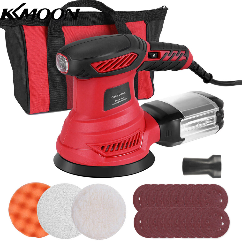 KKmoon 300W Random Orbit Sander 2.5-Amp Orbital Sander with 6 Variable Speeds 13000 OPM 20pcs Sanding Discs Sponge Disc Wool Disc Tool Bag Efficient Collector for Woodworking Sanding Detailing Finishing
