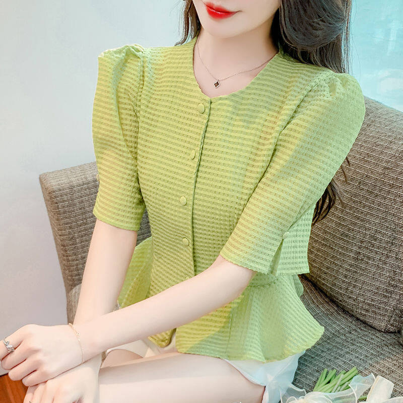 Áo sơ mi nữ tay phồng tay ngắn thời trang áo sơ mi nữ 2023 eo sang trọng mẫu mới áo sơ mi thiết kế thích hợp