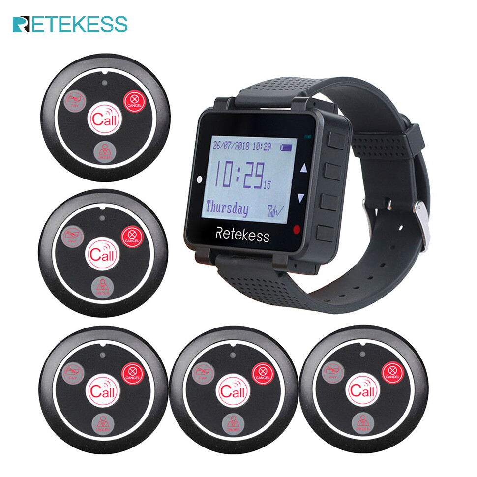 Retekess T128 Restaurant Pager System,Smart Call Button,Max 500,Wrist Pager,5 4-Key Help Alert Waterproof Call Buttons for Waiter,Customer,Caregiver