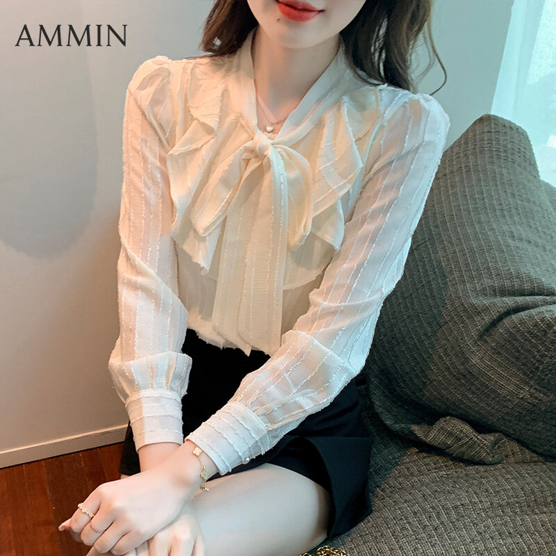 AMMIN Korean new female long-sleeved bowknot chiffon shirt Fashion temperament all-match pure color lace chiffon Tops