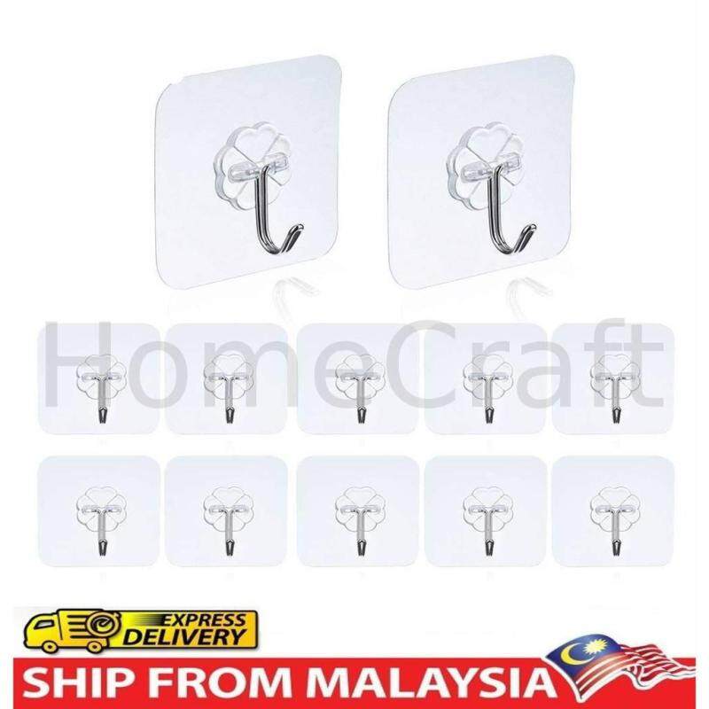 Local Ready Stock 10pcs Adhesive Hooks(5-10kg) stick hook Heavy Duty Sticky Wall & Ceiling & Door Hooks Nail Free Clear Reusable Hook for Bathroom and Kitchen No Scratch Waterproof and Oilproof