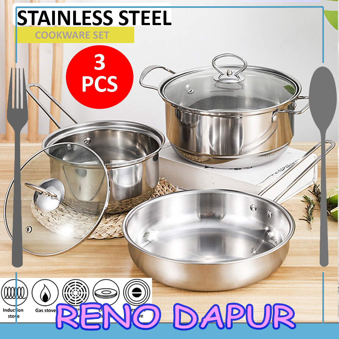 [RENODAPUR] 4 PCS Stainless Steel Cookware Set 4cm Milk Pot 4cm Soup Pot  4cm Fry Pan 4 PCS Set Peralatan Masak Keluli Tahan Karat