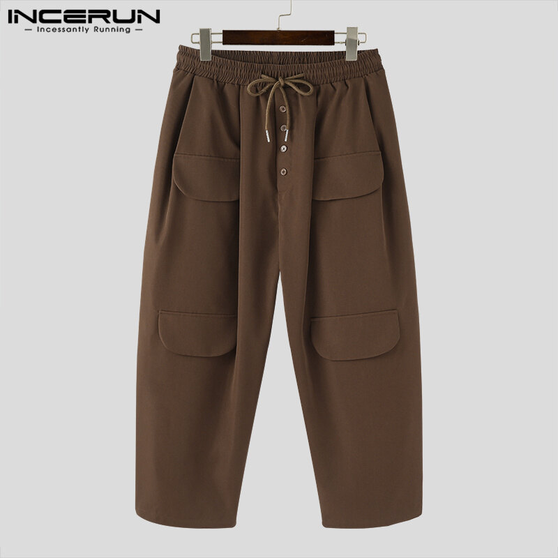 Medussa INCERUN Men's Mutil-Pockets Solid Pants Hippy Elastic Waist Trousers