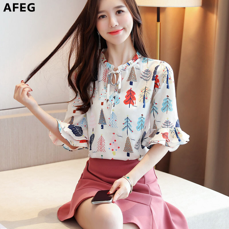 AFEG new Korean women's short-sleeved printed chiffon horn sleeve casual fashion wild temperament elegant blouse