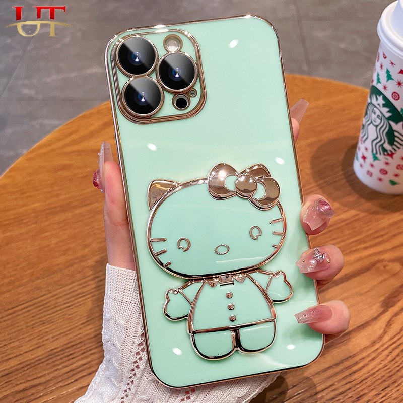 Luxury smooth silicone case For iphone 15 pro max 15 plus iphone 14 pro max iphone 13 pro max iphone 12 pro max iphone 11 pro max iphone 12 mini iphone 11 mini electroplated Kitty cat touch-up mirror stand