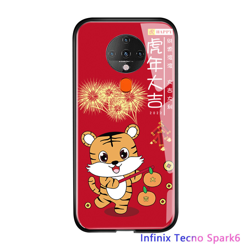 Jinsouwe Ốp Lưng Điện Thoại Cho Tecno Spark 6 / Tecno Spark 6 Air / Tecno Spark S6 Go Ốp Lưng Hoạt Hình Lễ Hội Xuân Năm Mới Cho Nam Nữ Ốp Lưng Chống Sốc Ốp Lưng Kính Cường Lực