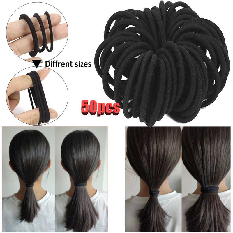 50pcs Women Girls Hairbands Basic Hair Ties Elastic Rubber Bands Ropes Hairband Ponytail Holders 3mm 4mm 6mm Thin Thick Hair