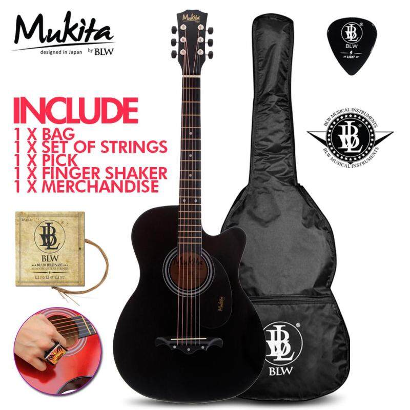 Mukita by BLW Standard Acoustic Folk Cutaway Basic Guitar Package 38 Inch for beginners with Bag, Pick, Finger Shaker and Merchandise Sticker (Black) Malaysia