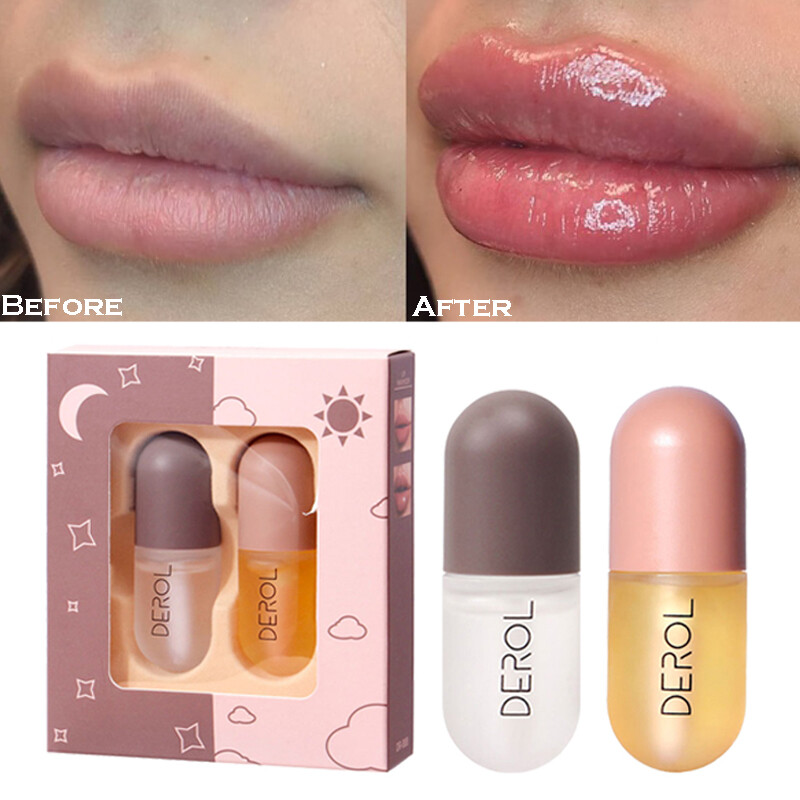 DEROL 2Pcs 5.5ml Day Night Instant Volume Lips Plumper Oil Moisturizing Repairing Reduce Lip Fine Line Cosmetics Sexy Lip Plump Enhancer Makeup