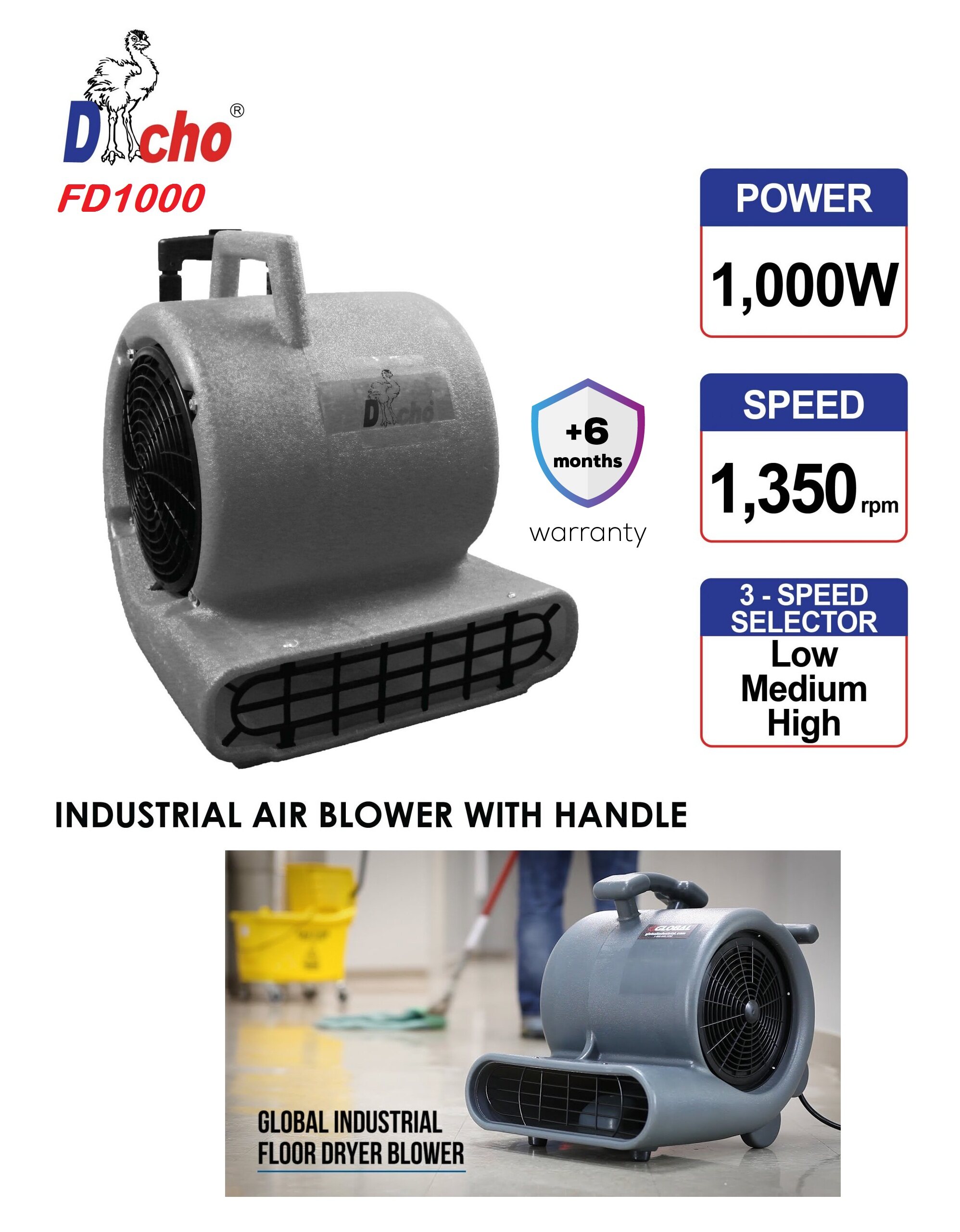 Dacho FD 1000W 3Speed Industrial Floor Dryer Blower with Wheel Handle Lazada