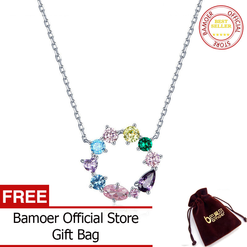 BAMOER Wreath Necklace for Girl 925 Sterling Silver Jewelry Colorful AAA CZ Jewelry Original Design Gift for Women BSN178