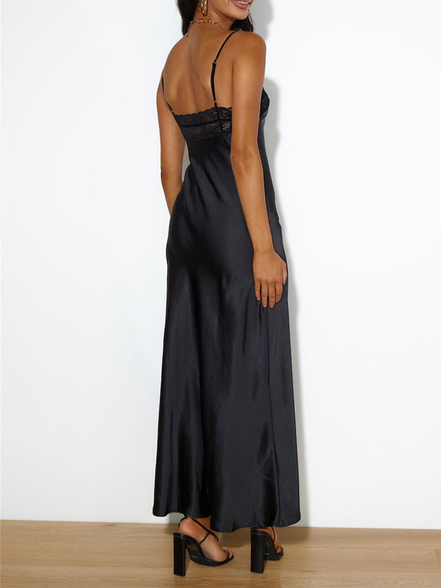 Women Lace Patchwork Slip Dress Y2K Spaghetti Strap Backless Summer Long Dress Elegant Solid Color Evening Party Dress