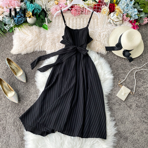 IELGY Dress Stripe Waist Thin High Waist Strap Pocket A-line Sling Dress Vacation Midi Skirt