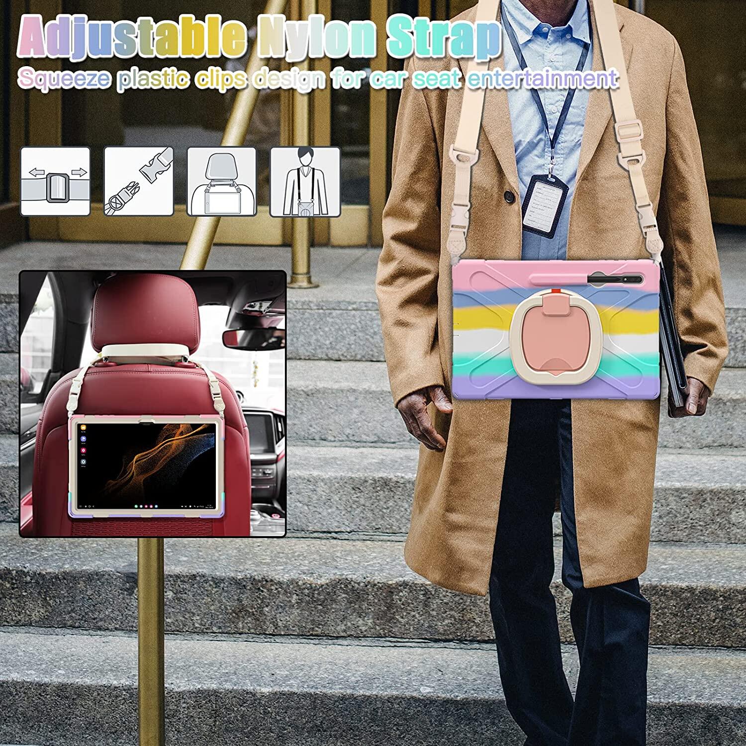 360 Degree Rotating Handle Stand Bracket Shoulder Strap Heavy Duty Rugged Shockproof Case Cover for Samsung Galaxy Tab S9 Ultra 14.6 inch 2022/Tab S9 Plus/Tab S9 FE Plus/Tab S8 Ultra/Tab S8 Plus/Tab S7 FE/Tab S7 Plus/Tab A9 Plus/Tab A8/Tab A7/Tab S6 Lite