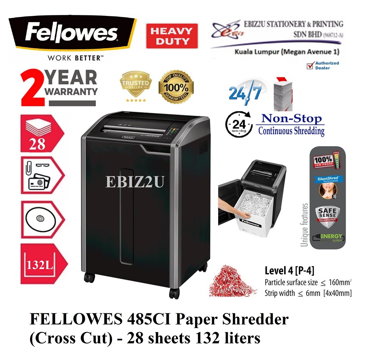 Fellowes 485ci paper shredder cross cut 4 x 30mm 32 sheets 132