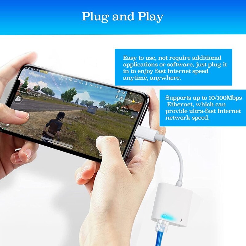 Bộ Chuyển Đổi Lightnig Sang Ethernet, Bộ Chuyển Đổi Mạng LAN Ethernet RJ45, Cắm Và Chạy, Hỗ Trợ Mạng Ethernet 100Mbps Với Cổng Sạc, I-os 10.3.3 Sang I-os 15