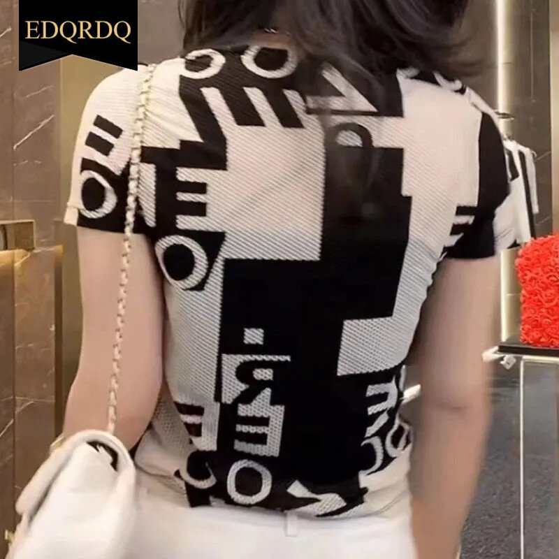 EDQRDQ Áo Sơ Mi Ngắn Tay Xếp Nếp Cổ Chữ V Ren In Chữ Cho Nữ Áo Dáng Ôm Thường Ngày Áo Cánh