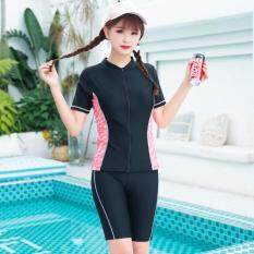 Conserved Female Zipper Swimwear Women Two Piece Swimsuits Short Sleeve Tops + Long Shorts Bathing Suits Lady 3 Colors Swimming Suits Beach Wear