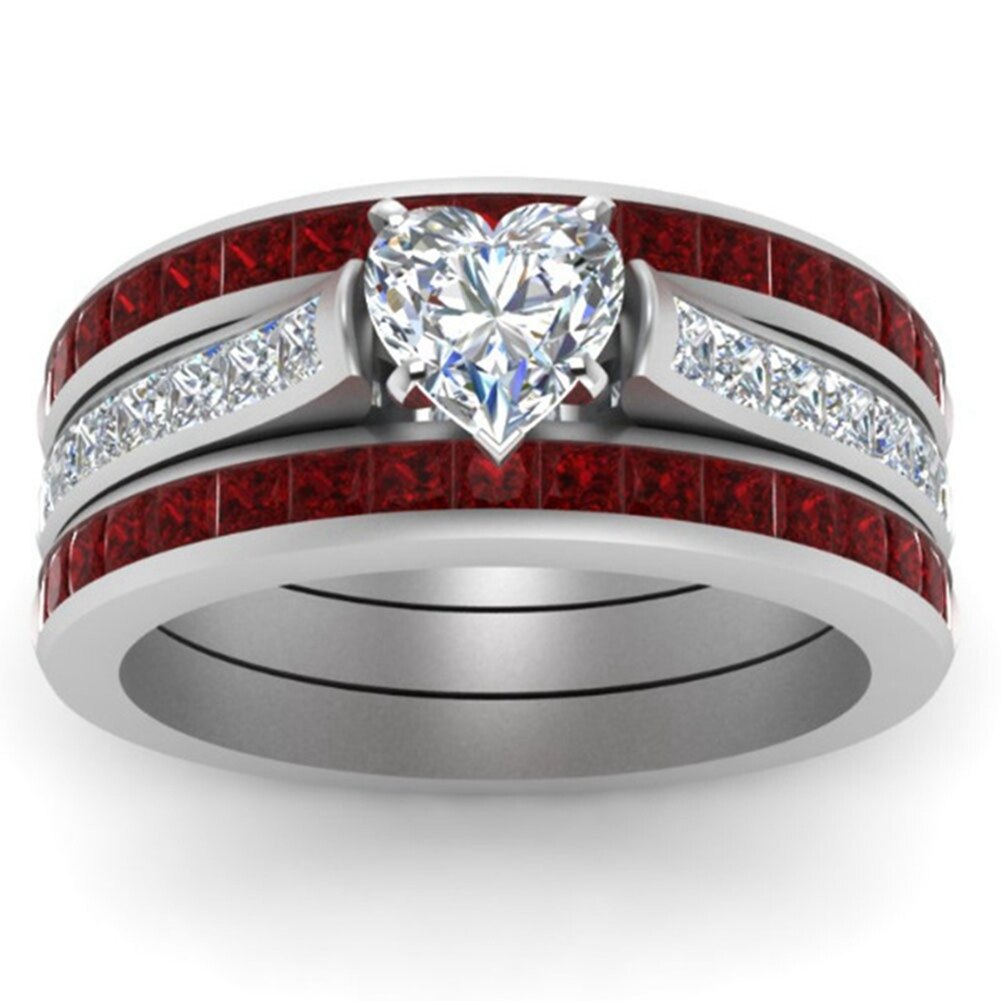 BloomHD Korean Trendy Heart Shape 2pcs Wedding Ring For Women Micro Inlaid Simulation ...