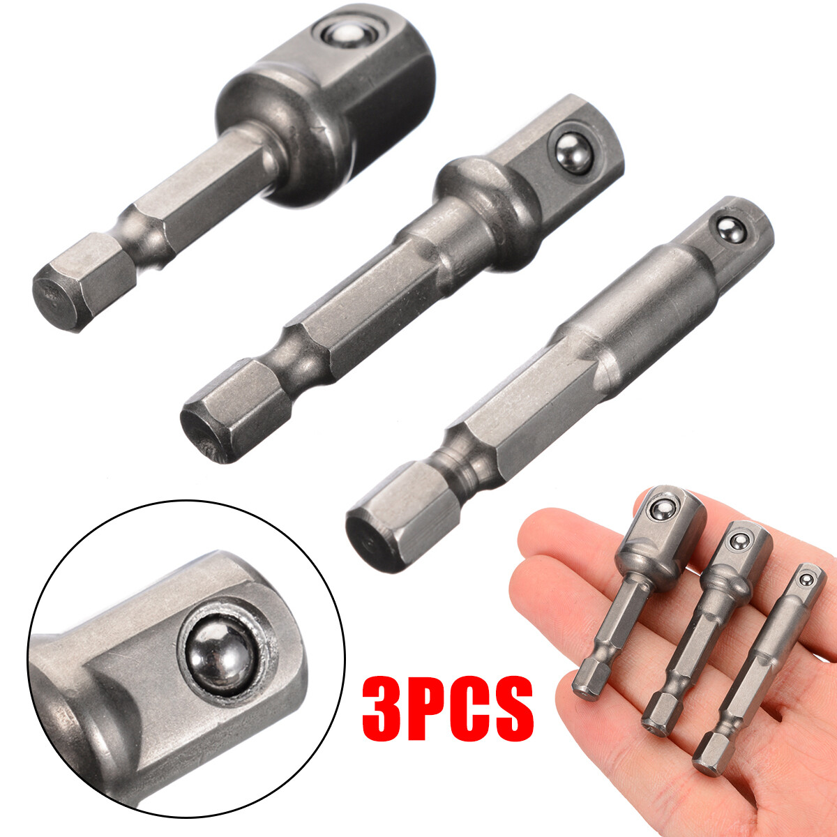 BOKALI 3pcs Hex Shank Extension Bits Power Drive Drill Socket Adapter to 1/4  3/8  1/2