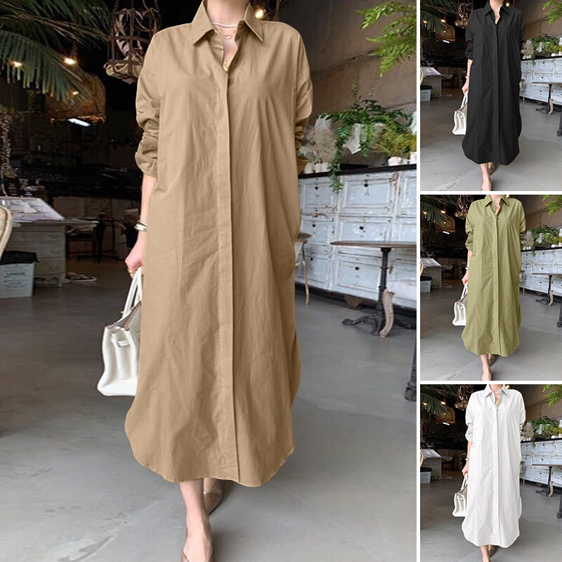 ZANZEA Womens Collared Button Down Solid Colour Kaftan Long Maxi Shirt Dress