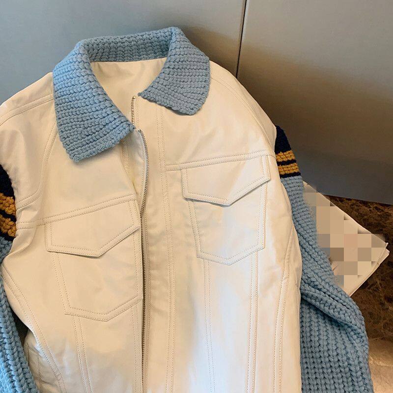 Sweater Patchwork Denim Jacket Women's Lapel Jacket Retro Baseball Uniform New Fall 2022 Casual Oversize Outwear for Female