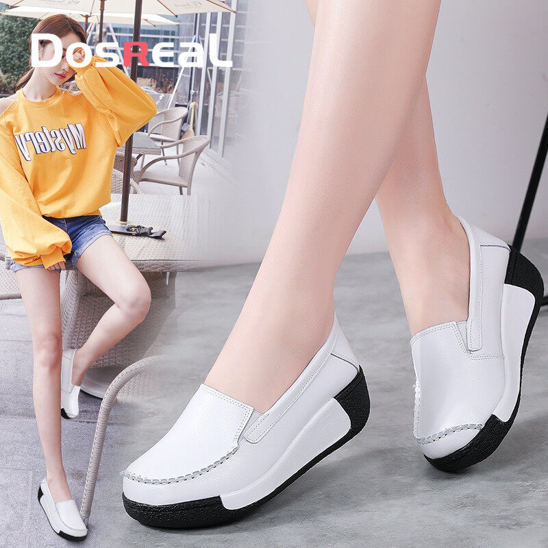 DOSREAL Genuine Leather Women Flats Shoes Loafers Shallow Trainers Comfort Moccasins Slip-on Platform Ballet Sneakers Ladies Casual Shoes Big Size 41