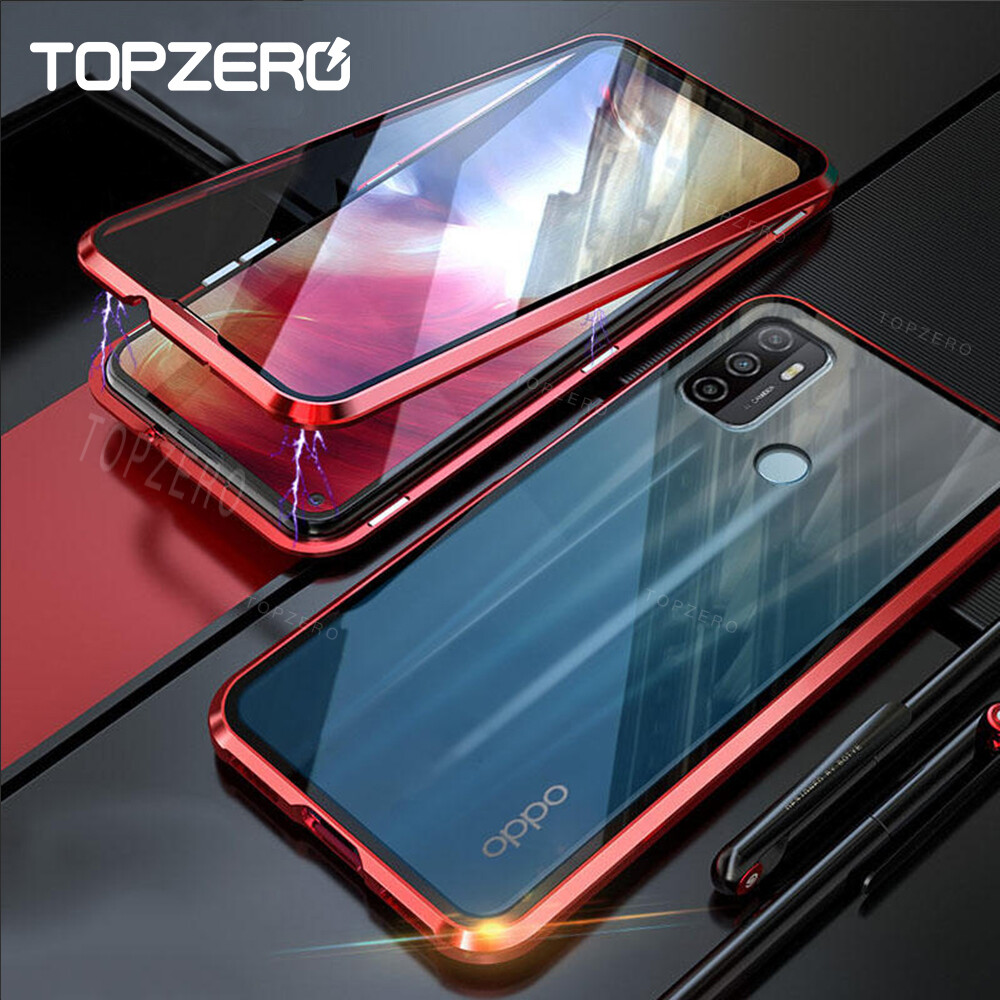 TOPZERO 360° Magnetic Adsorption Full Protection Case For OPPO A53 Double-side Metal Bumper Tempered Glass Cover Cases