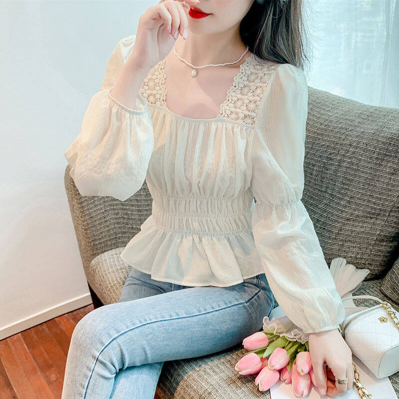 Áo Kiểu Aki20 Cho Nữ 2023 Áo Kiểu Dáng Cổ Vuông Tay Bồng Phong Cách Hàn Quốc Đầu Xuân 2023 Mới Kiểu Pháp Gập Eo Áo Kiểu Nữ Cổ Dài Tay Ngắn Nhỏ Ngọt Ngào Tươi Tắn