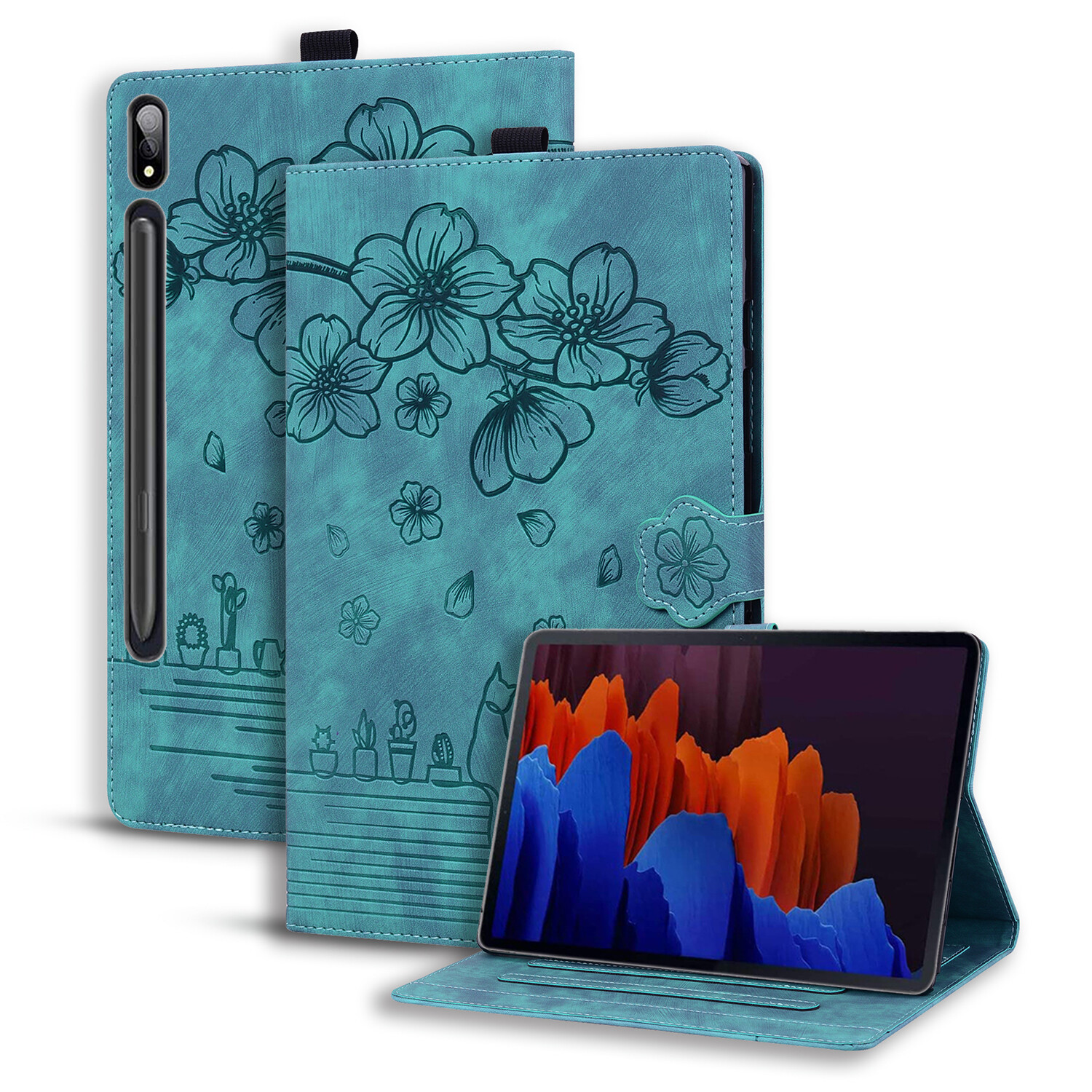For samsung galaxy tab s7 fe s7+ s8+ 12.4" fashion cherry blossom cat magnetic flip case 3d embossing leather stand cover shell sm-t730 sm-t733 sm-t736b sm-t735c sm-t738 sm-t970 sm-t976 sm-x800