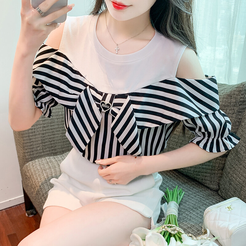 2023 Summer New Bow Tie Off Shoulder Short Sleeve Top