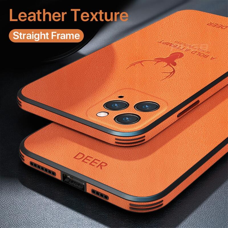 Luxury Leather Texture Square Frame Case on For iPhone  15 pro max 14 pro max 13 12 11 Pro Max 13 Mini iPhone X XR XS Deer Camera Protection Shockproof Cover