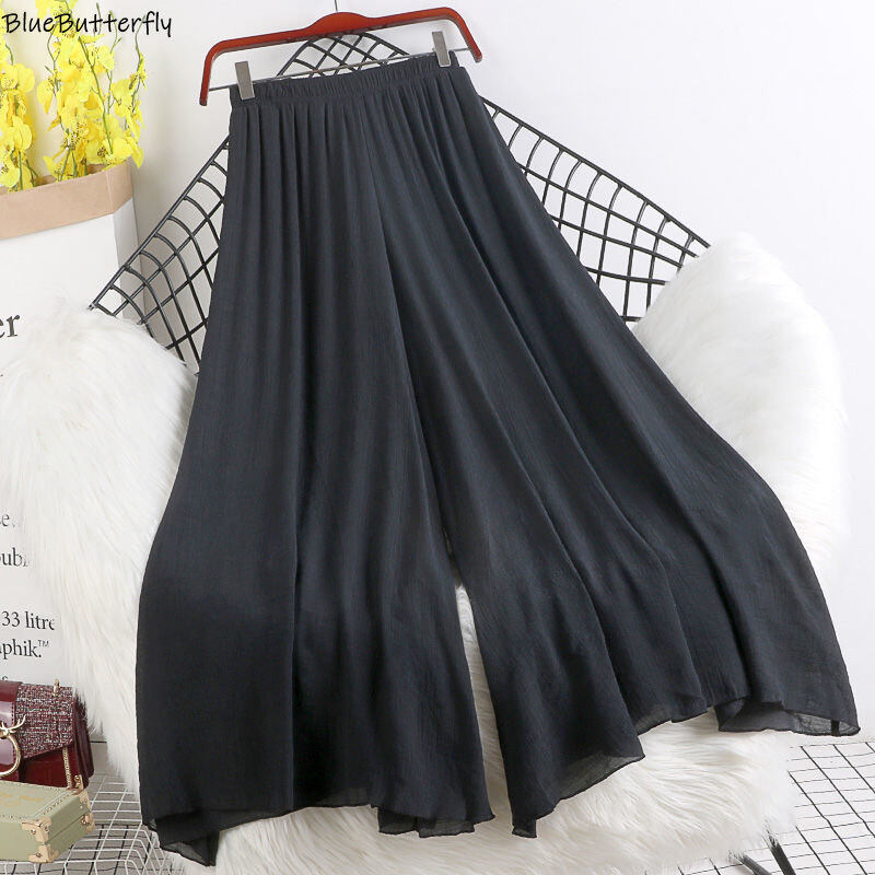 Quần Vải Lanh Và Cotton Mỏng Eo Co Giãn Phong Cách Retro Mùa Xuân Và Mùa Hè Mới Quần Váy Vải Lanh Xòe Lớn Dễ Phối Màu Thuần Khiết Cho Nữ