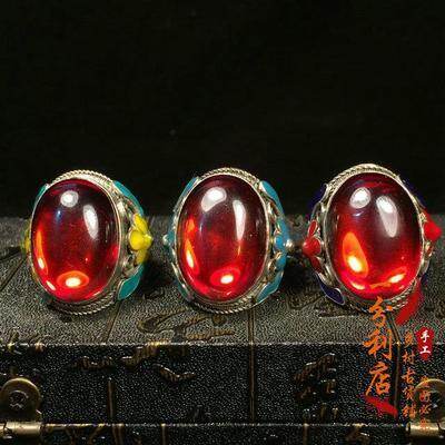 Antique collection Qing Dynasty red egg face ring support ring face old silver inlaid Open Silver Ring full silver wrench