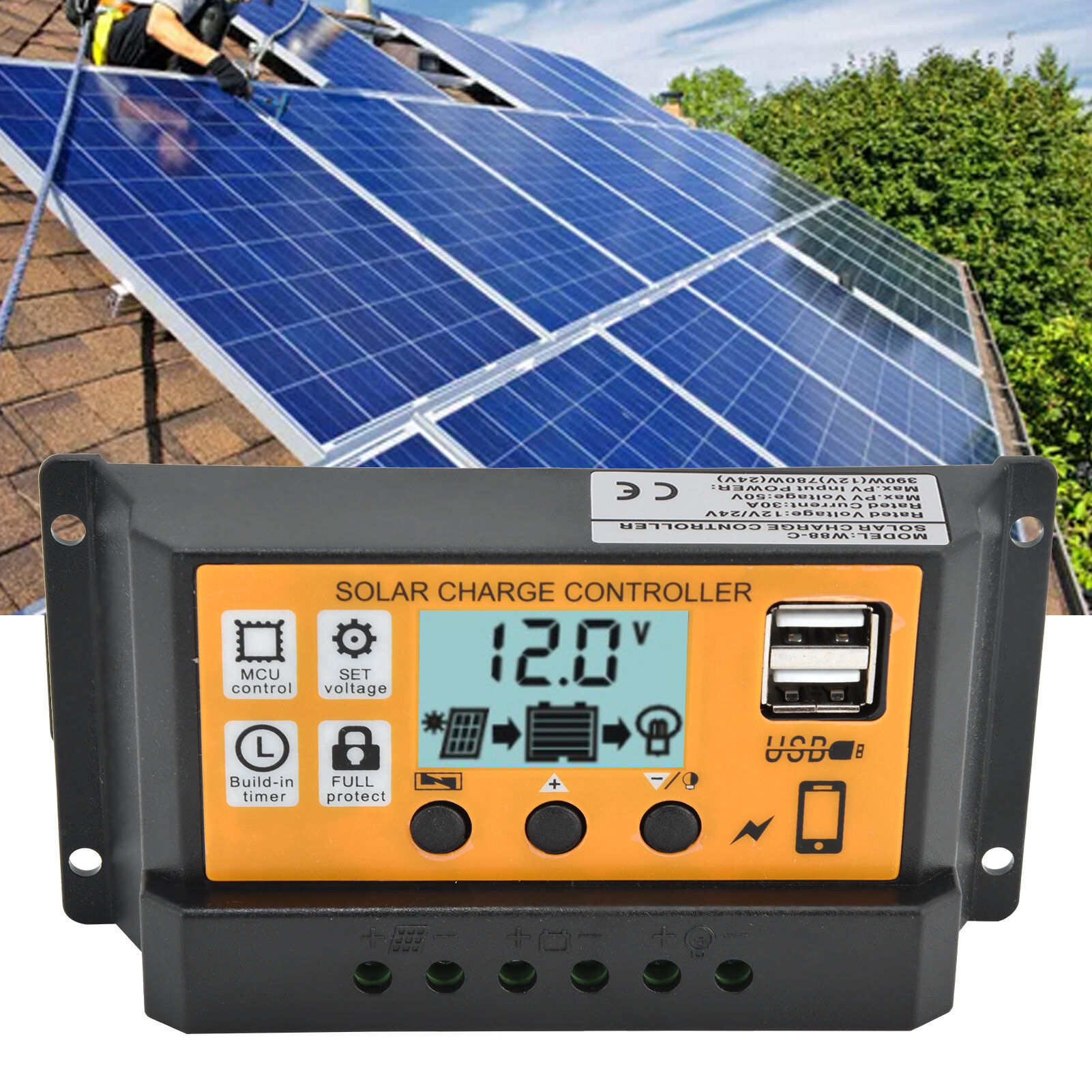 SOLAR CHARGE CONTROLLER PWM 12/24V 30A W88-C 2USB OUTPUT