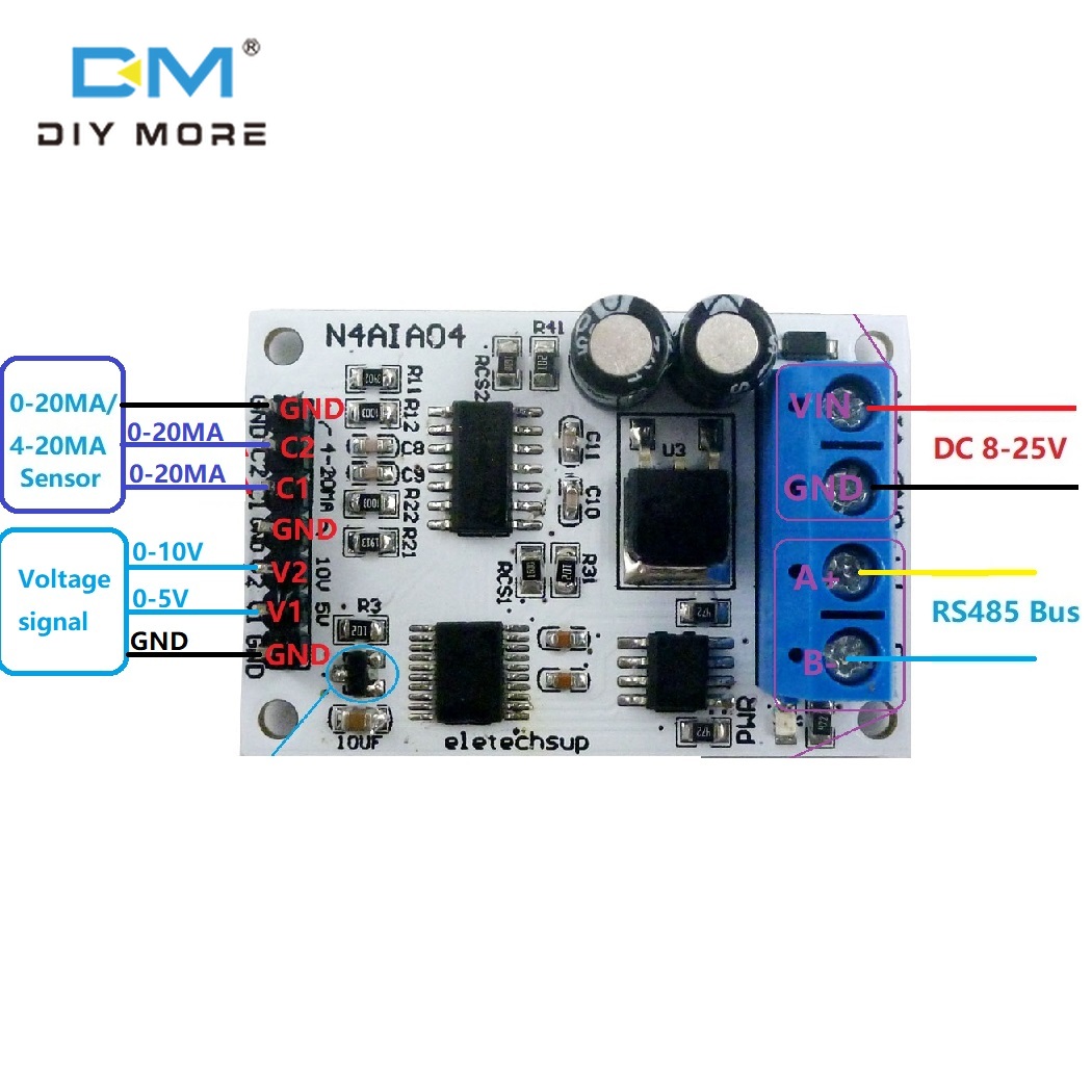 Diymore dc 12v 4-20ma 0-5v 0-10v voltage signal acquisition rs485 modbus rtu module for plc current transmitter measuring instruments