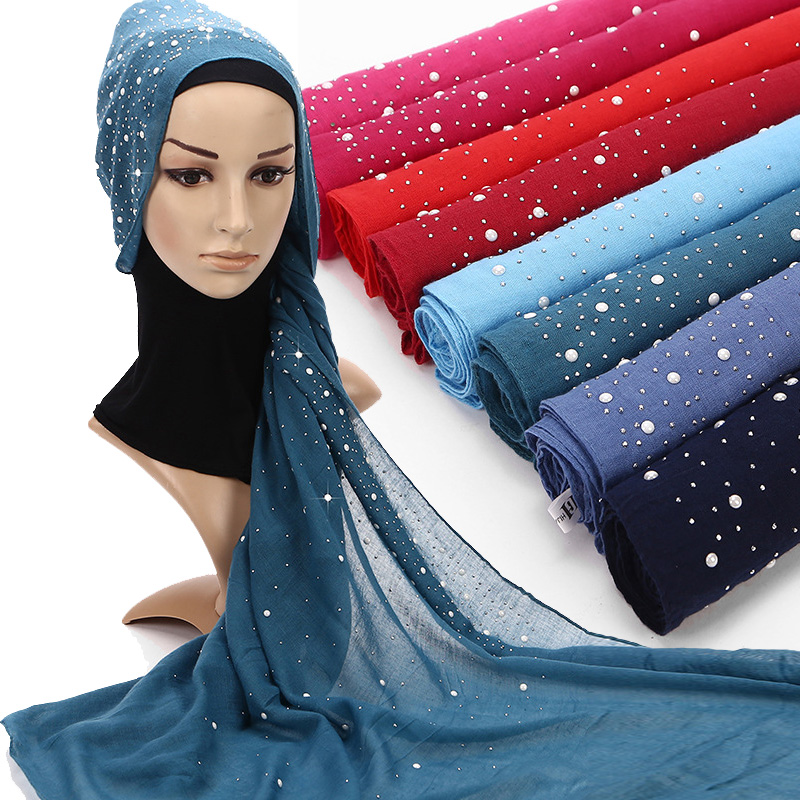 Jifang Women Cotton Starry Rhinestones White Pearls Muslim Hijab Shawl Large Pashmina Scarf Wraps WJ229