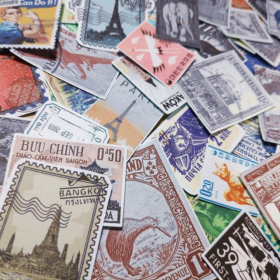 GIẤY DÁN STICKER "CON TEM" CÁC NƯỚC TRÊN THẾ GIỚI HỌA TIẾT CỔ ĐIỂN VINTAGE